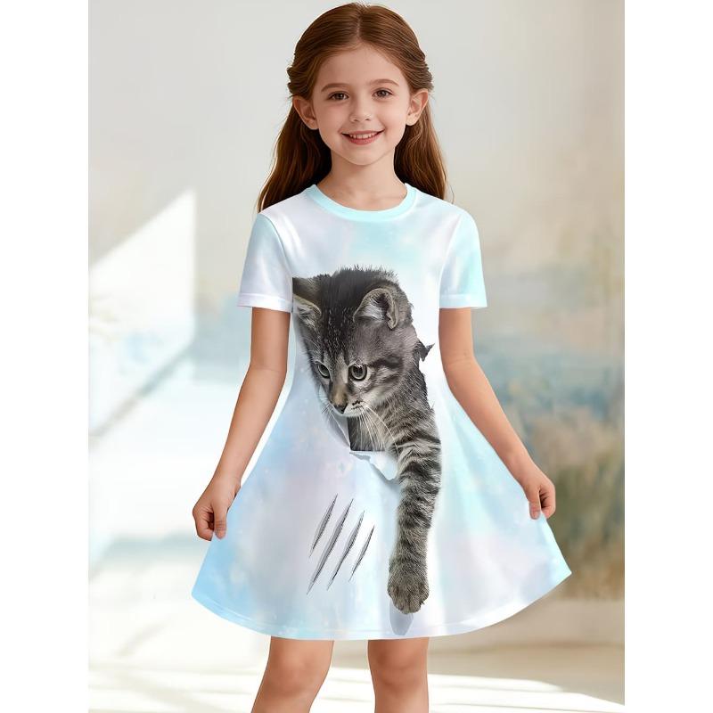 Cute Cat Girls' Princess Dress Summer Casual Dress for Girls Cartoon Graphic Outfit O-Neck Birthday Gifts Children Clothes