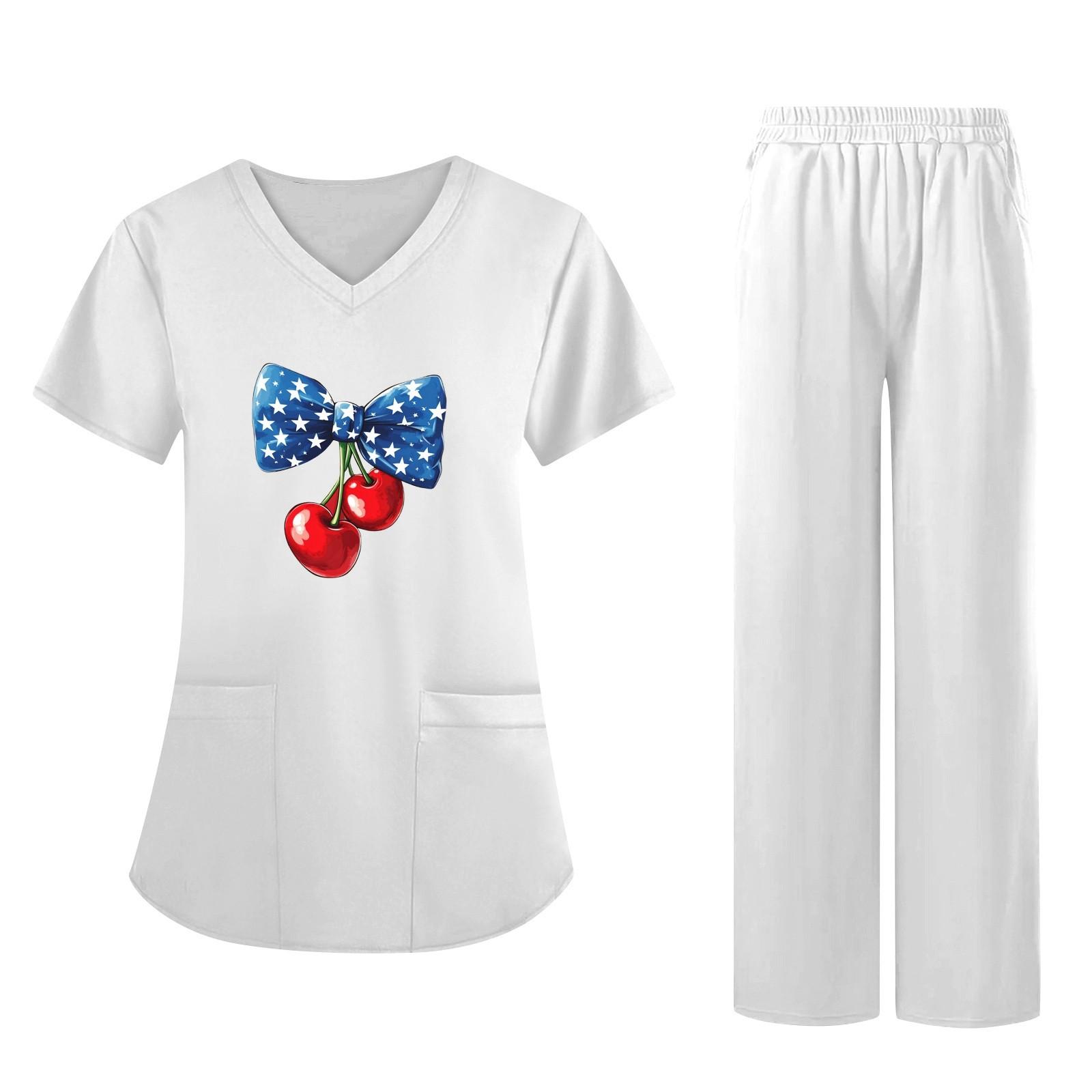 

Women s Fabric Printed V Neck Pocket Short Sleeved Pants Set Workwear XL білий