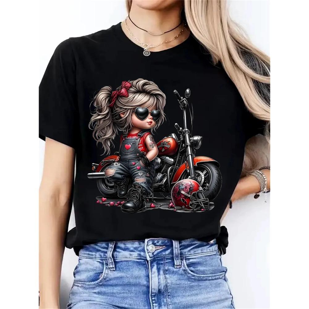 Print with Heart Details Stretch Round Neck Casual & Festive Wear Women's Black Motorcycle Graphic T-Shirt