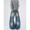 Kisko American Retro Distressed Washed Blue Scimitar Jeans Unisex Loose Straight Cleanfit Pants
