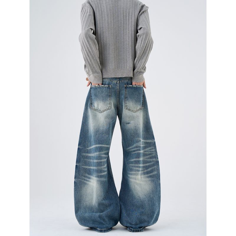 Kisko American Retro Distressed Washed Blue Scimitar Jeans Unisex Loose Straight Cleanfit Pants