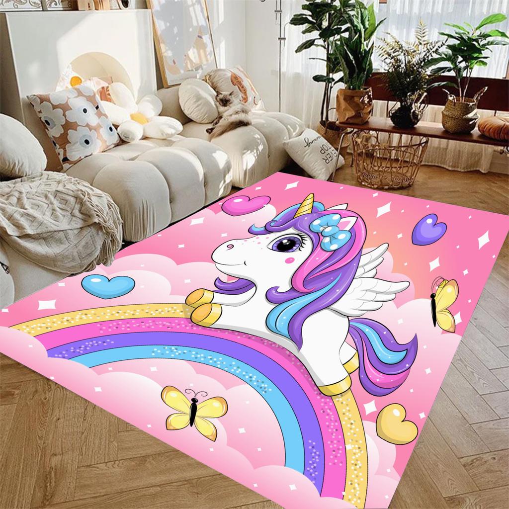 Lovely Pink Rainbow Pony Cartoon Carpet Living Room Bedroom Decor Non-slip Parlor Floor Mat Surface Smooth Carpet Birthday Gift