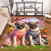 Cute Pugs in Colorful Dresses on Flower Lawn Printed Carpet Suitable for use as an anti-slip for living room bedroom sofas