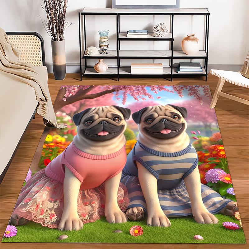 Cute Pugs in Colorful Dresses on Flower Lawn Printed Carpet Suitable for use as an anti-slip for living room bedroom sofas