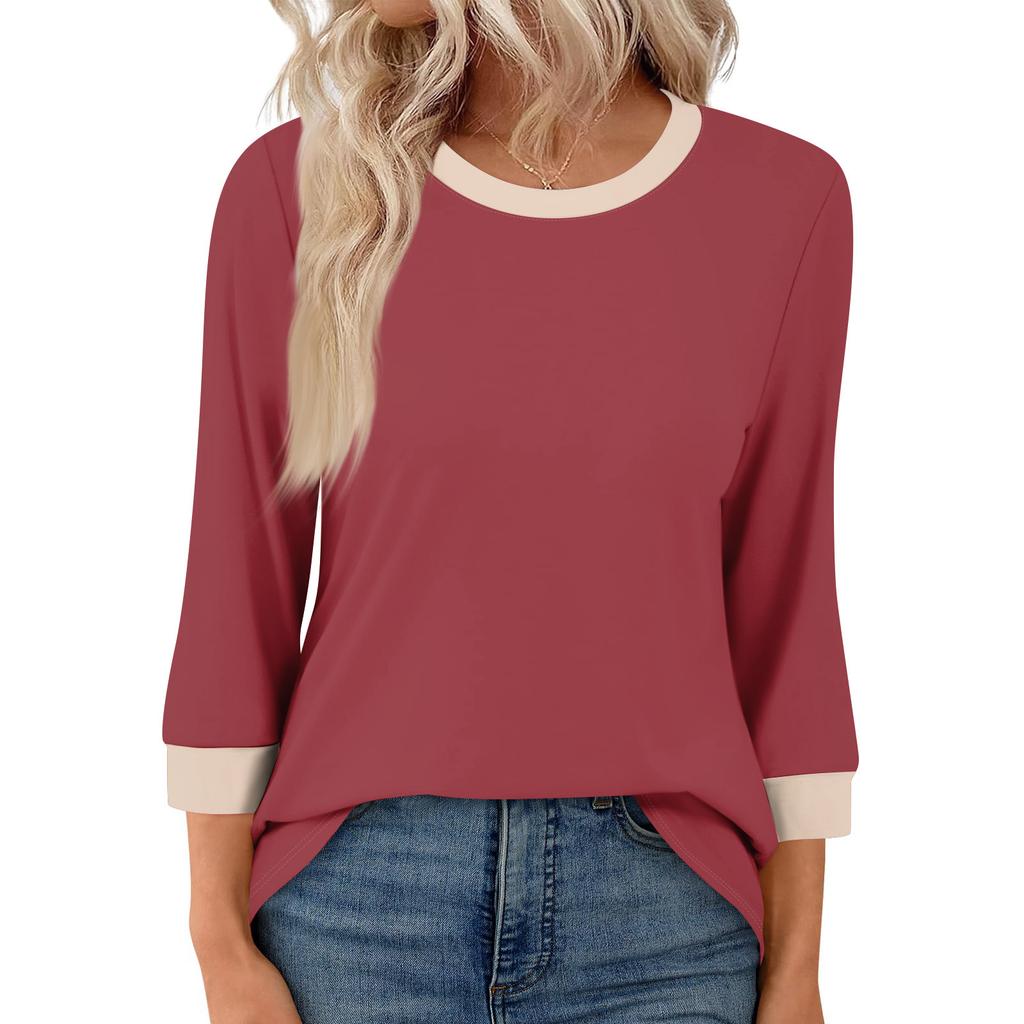 Women's Fashion Casual Seven Sleeve T-Shirt Print Round Neck Top