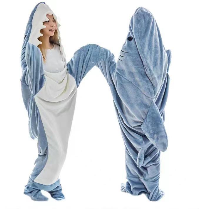 Cartoon Flannel Shark Sleeping Bag Pajamas - One-Piece Home Wear for Autumn and Winter
