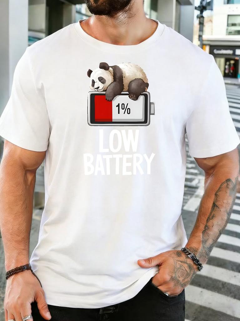 Unisexs Crew Neck Tshirt Low Battery Tired Panda Power Cell Print Short Sleeve Tee For Funny Panda Fans Daily Relax Casual Outfit