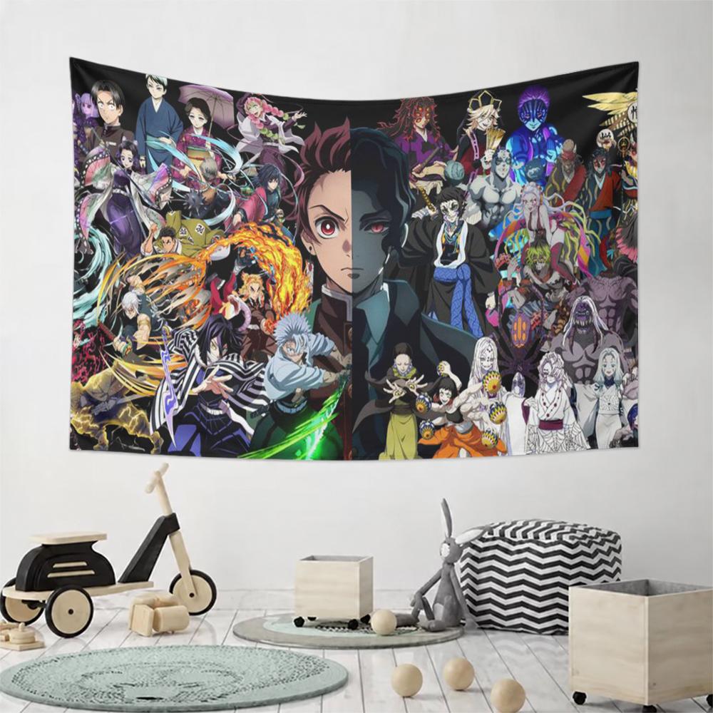 Demon Slayer Corps vs Demons Battle Wall Tapestry, Tanjiro Split Face Anime Poster for Bedroom Living Room Dorm Home Decor, Gift for Fans