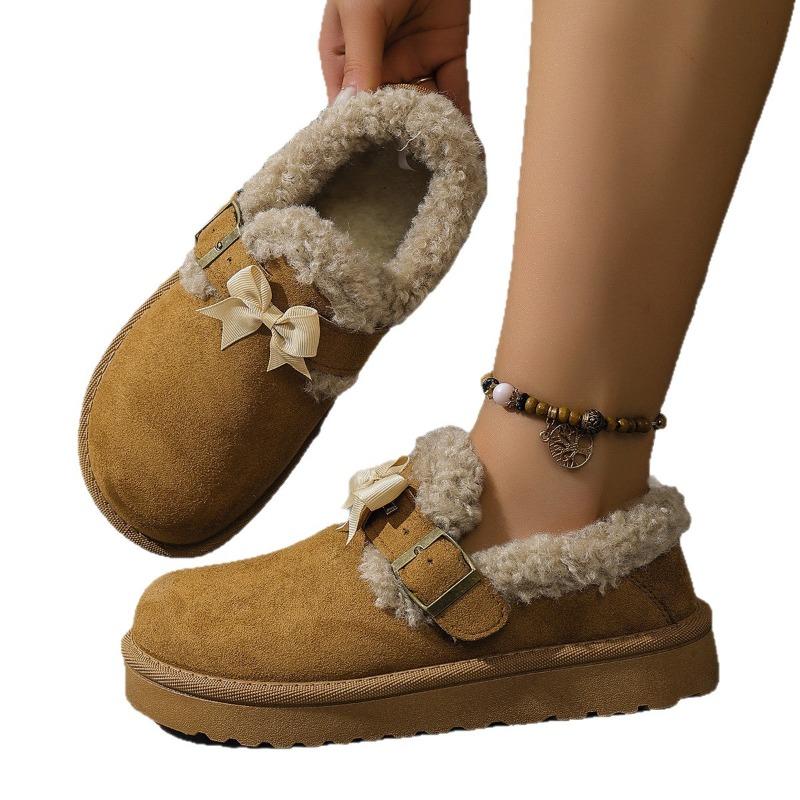 Autumn and Winter New Large-size Mao Mao Boken Half-drag Muffin Bottom Buckle and Velvet One-pedal Round-head Cotton Shoes