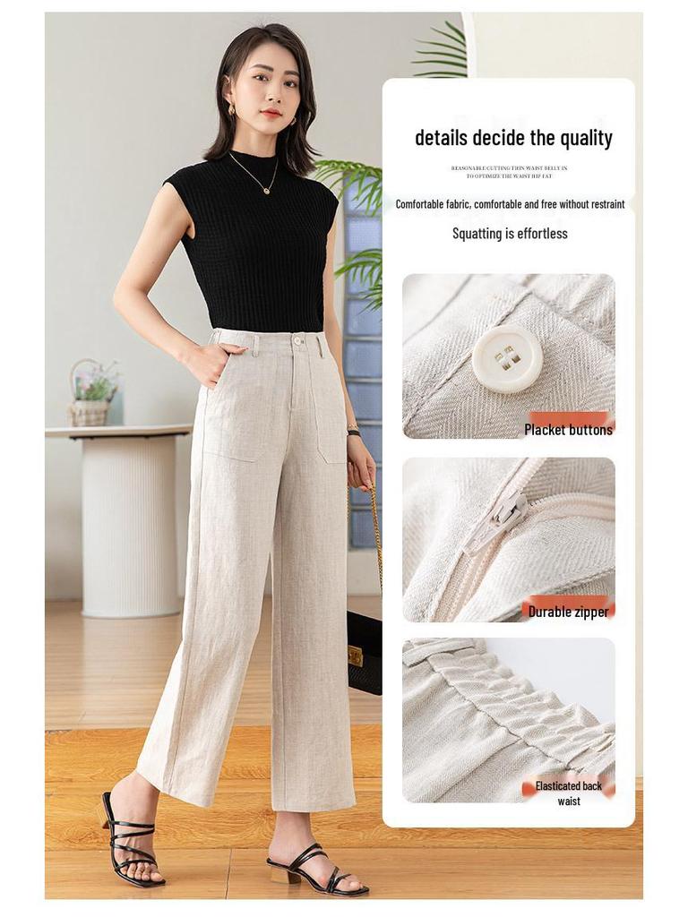 Tencel Leinen Weite Weiße Hose für Damen - Elastischer Bund, Gerade Neun-Punkt Lässig OL Professioneller Stil.