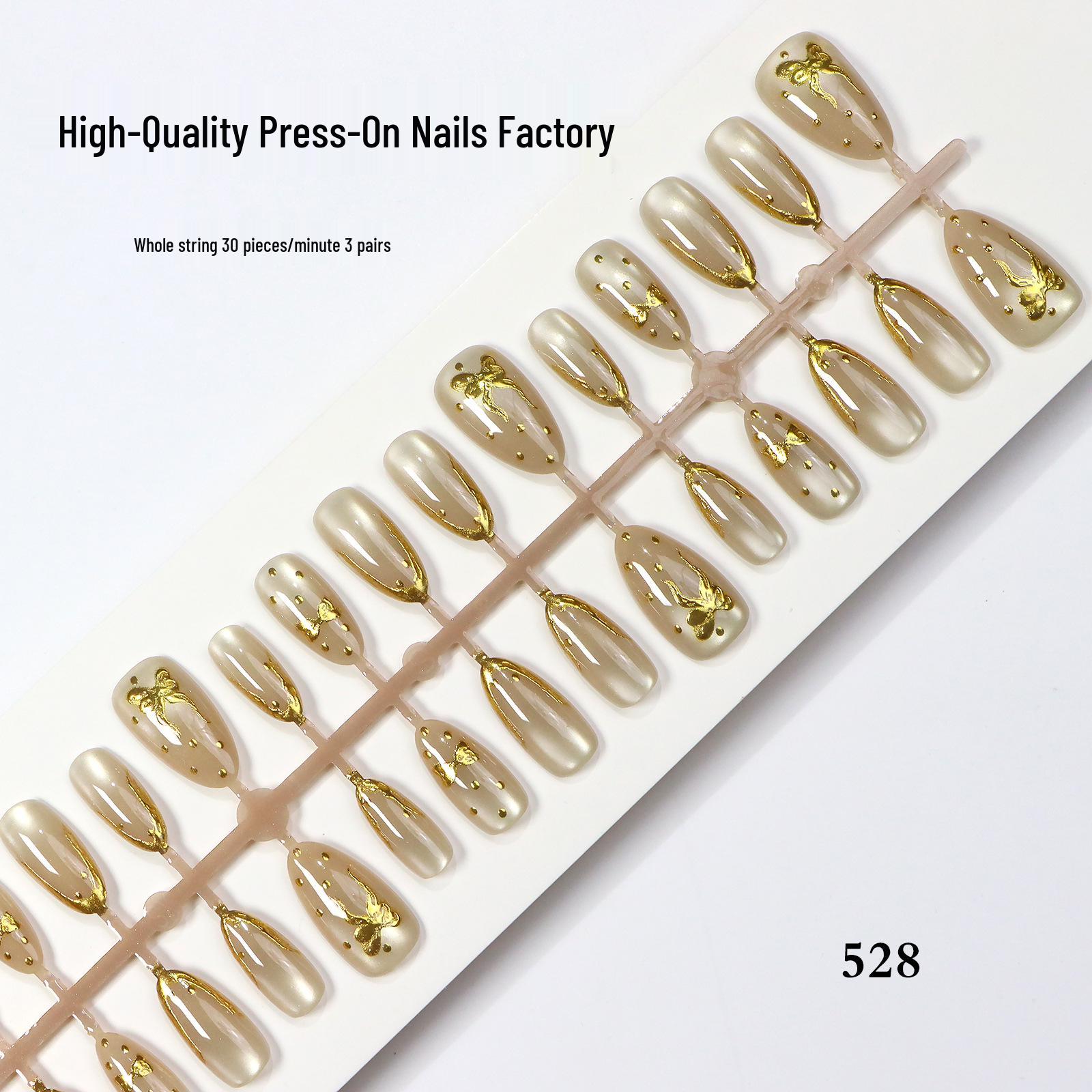 White Moonlight Cat Eye Press-on Nails with Gold Foil Bow - Ice Transparent for Brilliant, Complexion-Brightening Manicures.