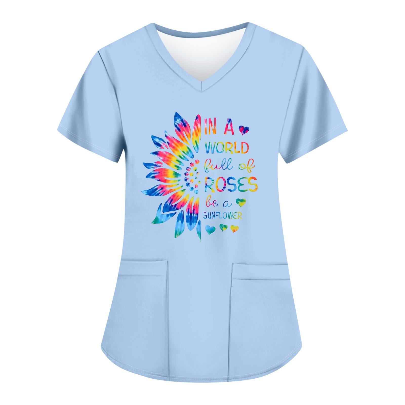 

Женские модные топы с короткими рукавами и V-образным вырезом с принтом, рабочие футболки с карманами L синий