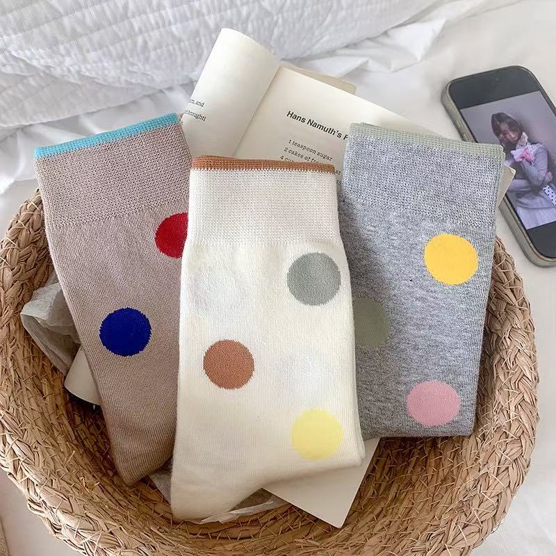 Colorful Polka Dot Color-blocked Socks for Women, Breathable and Comfortable Cotton Socks, Simple and Cute, Versatile, School Style, Pile Pile Socks