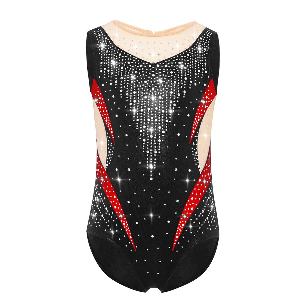 Girls Metallic Gymnastics Leotard Sleeveless Keyhole Back Sheer Mesh Patchwork Sparkling Rhinestone Bodysuit