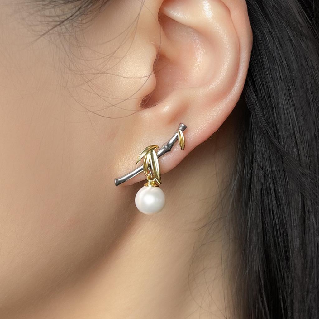 18k Vergoldete Perlenohrringe - Chinesisches Bambusblatt-Design, Retro & Luxuriöser Stil für Frauen