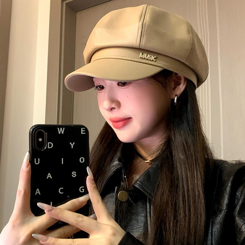 Big Head Circumference Beret Female Autumn and Winter Retro Pu Leather Octagonal Hat Painter Hat Showing Face Small Newsboy Hat