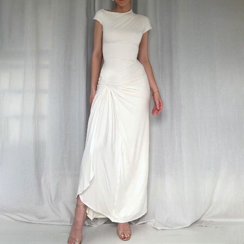 Dress Summer 2024 New Arrival Slim Fit Long Dress Fashion Wind Sexy Waist Trimming Twist Split Short Sleeve Dress