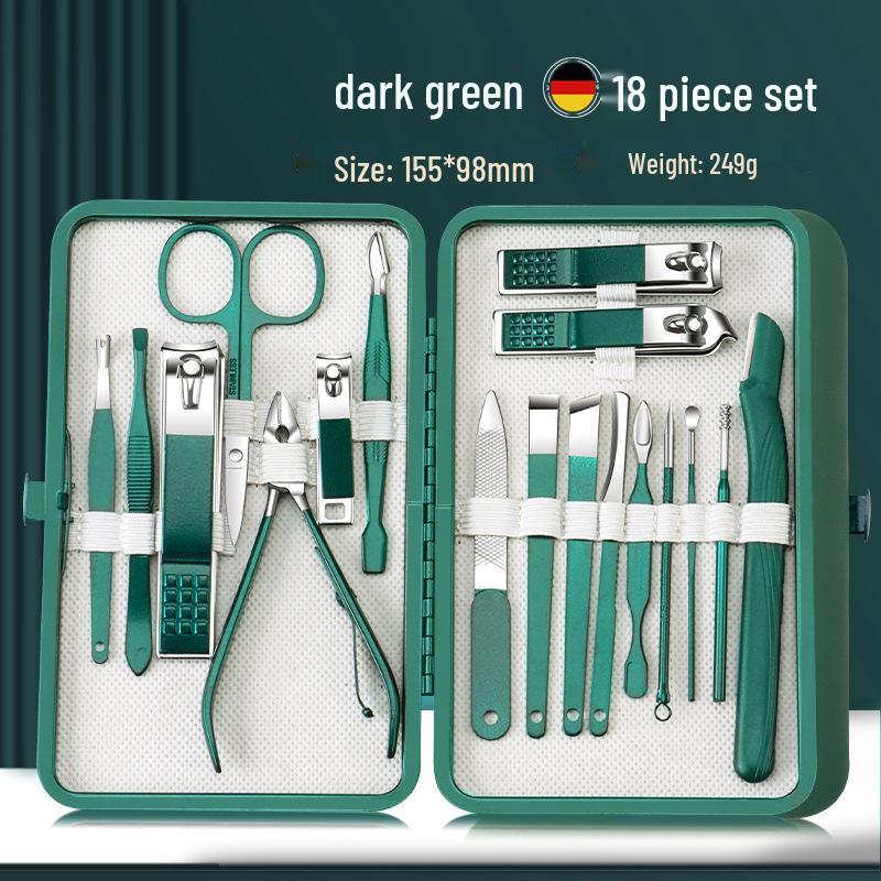 26-Piece Dark Green Stainless Steel Manicure Set: Nail Clippers, Scissors, Dead Skin Clippers, and Tools.
