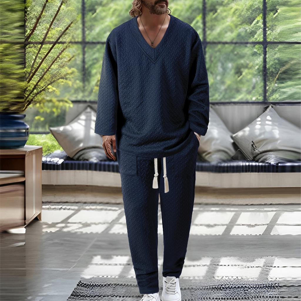 Autumn Casual Men's Textured Solid Color V-neck Pullover Short Sleeve Drawstring Pocket Trousers Set
