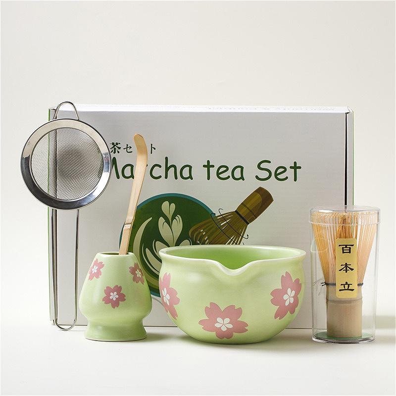 

5pc Matcha Set Matcha Kit Japanese Cherry Blossom Matcha Whisk Set With Tea Canister Matcha Bowl 100Prong Whisk Tea Scoop Brush Five-piece Set