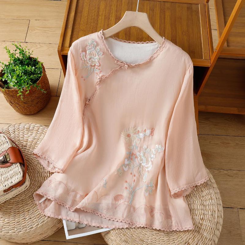 Women's Green Linen Blouse Chinese Style Frog Button Floral Embroidery 3/4 Sleeve Casual Top