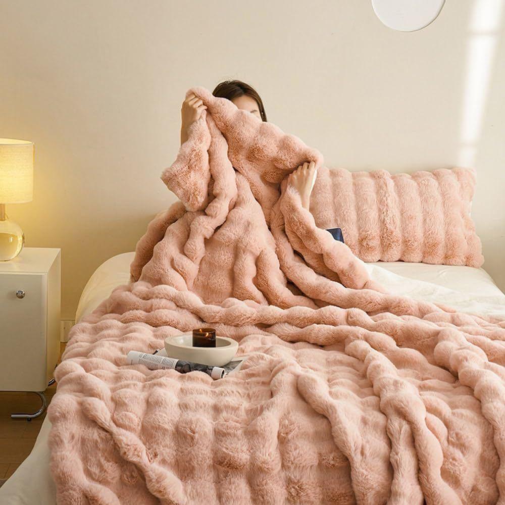 Luxus Doppellagige Kunsthasenfell Fleece-Decke - Weich, Dick, Warm und Leicht; Perfekt für Wohnzimmer, Schlafzimmer oder Sofa.