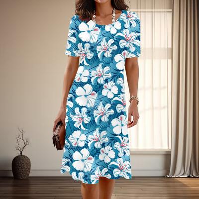 Dámské módní elegantní květinové tiskové letní jarní krátké rukávy s výstřihem do O-neck ležérní šaty