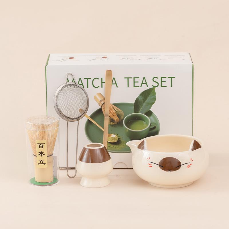Ensemble de Thé Matcha en Forme de Chat Céramique Japonaise Bol Fouet en Bambou Tamis Boîte Cadeau pour la Préparation du Matcha Accessoires de Thé Mignons