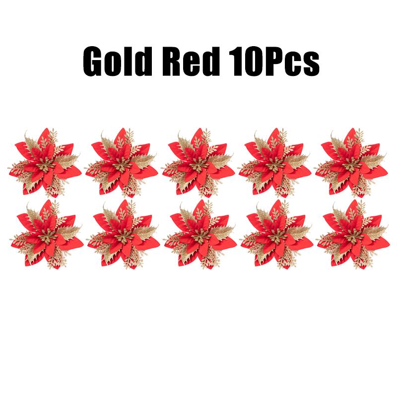 10/30/50PCS Glitter Christmas Flowers Fake Flower Tree Decorations 2026 Home Tree Pendant Ornaments Navidad New Year Gift