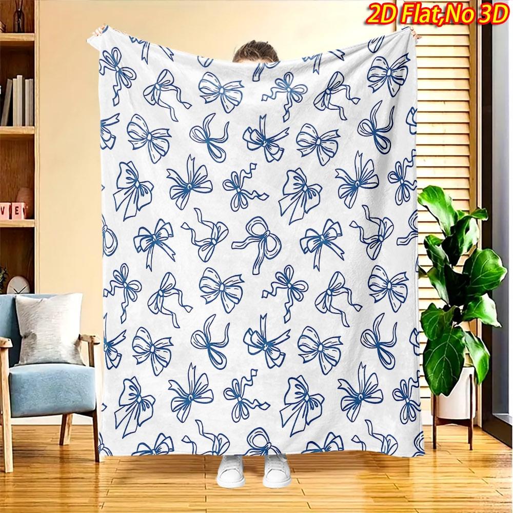 Trendy Light Blue Stripes Dark Bow Ribbon Pattern Decorative Throw Blanket For Sweet Coffee Shop Lounge Home Decor