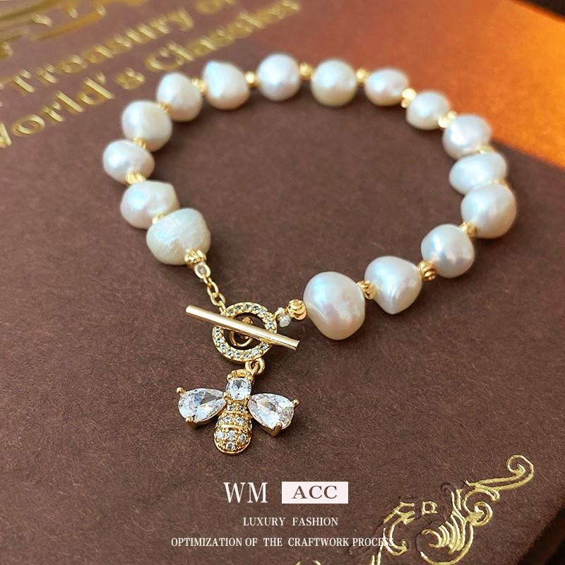 Zircon Freshwater Pearl Bee T-Clasp Bracelet Women Elegant Lightweight Luxury Style Jewelry
