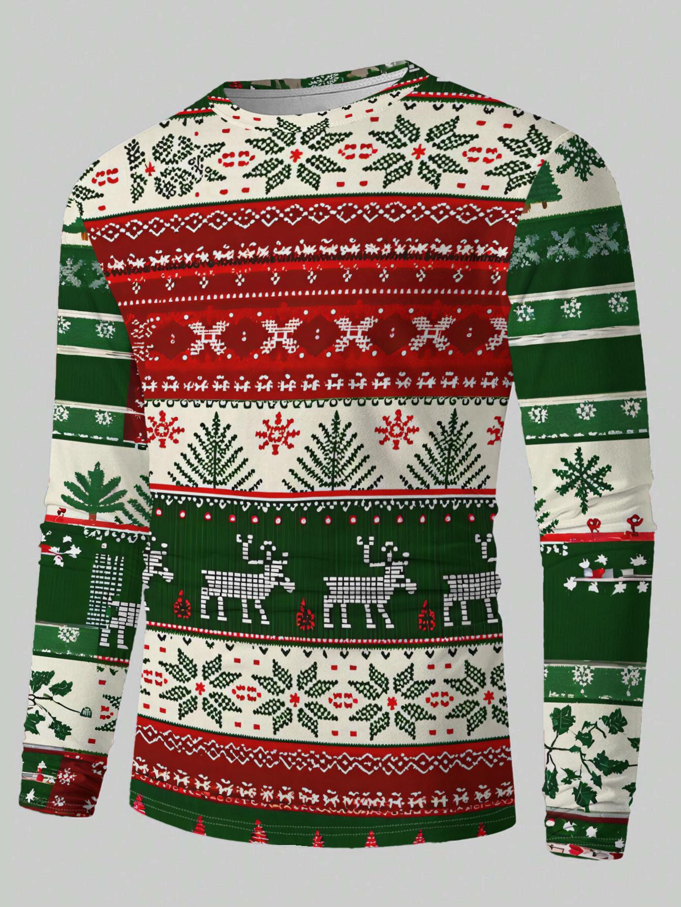 Christmas-themed long-sleeved T-shirt, mainly red and green, decorated with snowflakes, reindeer, pine branches, etc. S
