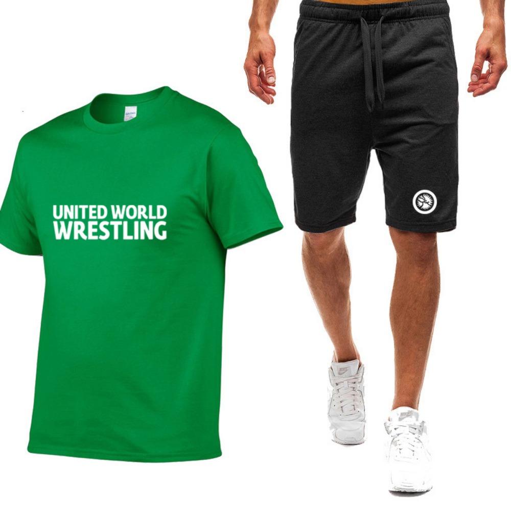 Summer Men's World Wrestling Federation Logo Printed Solid Color Daily Multi Functional Comfortable T-shirt Pants Sports Set