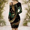 Women Plus Size Asymmetrical Cold Shoulder Long Sleeve Printed Green Black Bodycon Dress