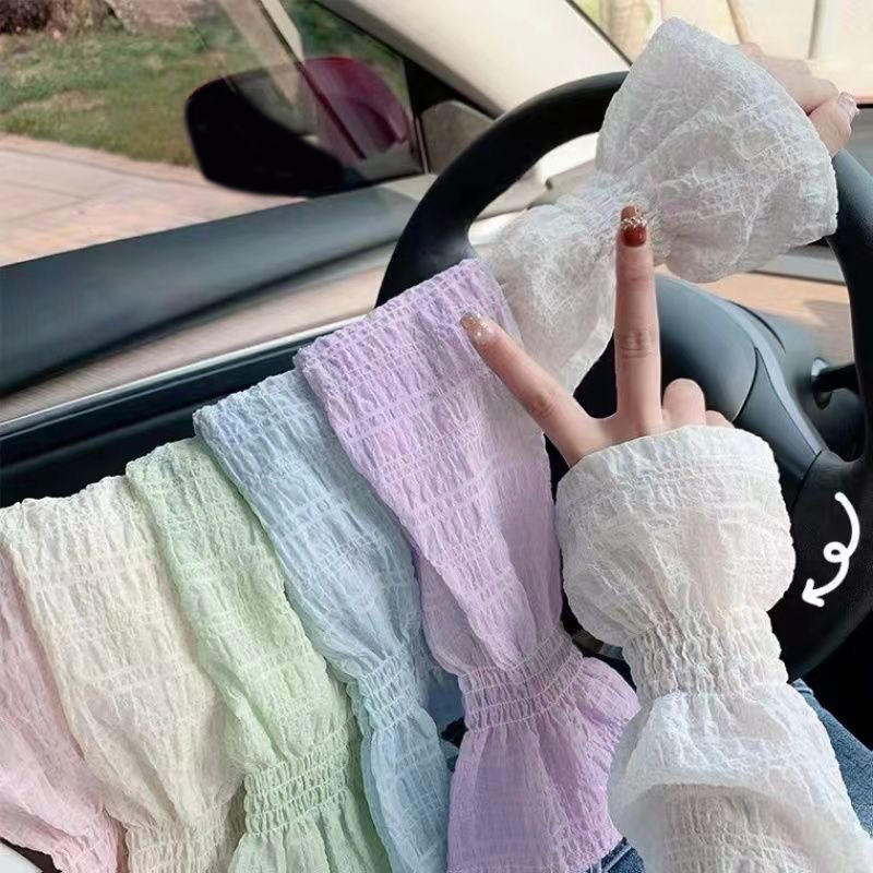 Summer Women's Ice Silk Sun Protection Arm Sleeves Elegant Pleated Bubble  Anti-UV Gloves Cooling Sleeves for Outdoor Driving Cycling