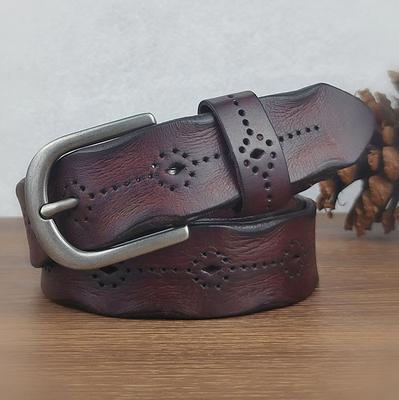 Retro And Old First Layer Cowhide Needle Buckle Women'S Casual Belt Punched Hollow Fashion Leather Belt Women'S Belt