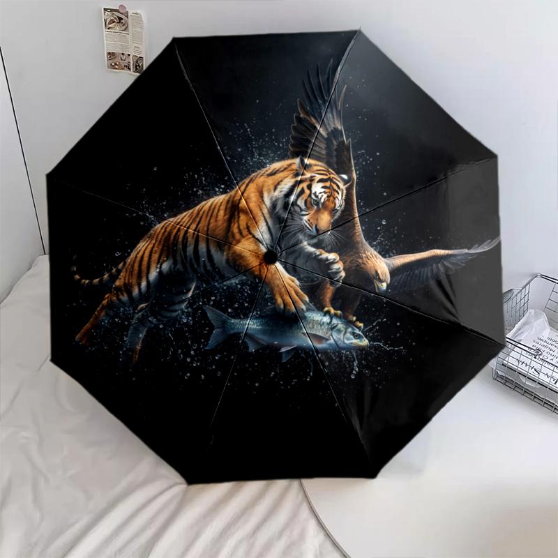 1 PC Automatic Folding Umbrella - Tiger Hunting Its Prey Pattern, Portable & Foldable Design with 8 Ribs, Christmas Birthday Gifts
