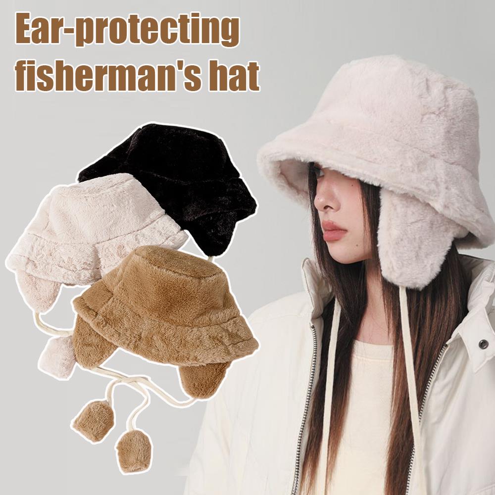Winter Hat With Earflap Luxury Fisherman Hat Solid Color Beanie Panama Lady Hiking Fur Hat Bucket Hats Warm Thicken Barrel Cap