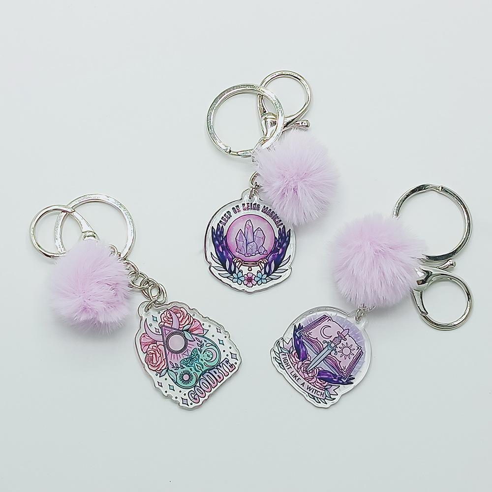 Acrylic Faux Rabbit Fur Halloween Keychain Alien Butterfly Women Key Ring Tarot Card Elk Keychain