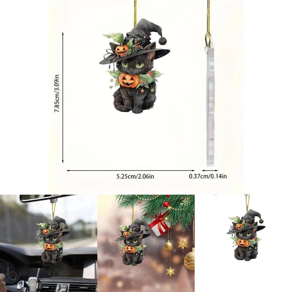 Halloween Cat Pumpkin Car Rearview Mirror Decoration With Acrylic Material For Festive Auto Interior