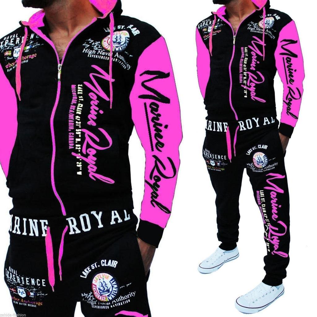 Tuta da uomo Marine Royal stampata con cappuccio, maniche e pantaloni a contrasto