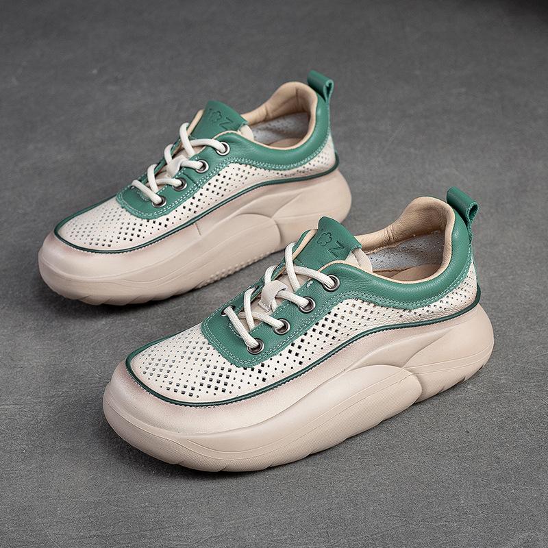 Fashion GKTINOO Hollow Sandals Women Sneakers Genuine Leather Shoes Thick-soled 2025 New Handmade Comfortable Retro Platform Sneakers