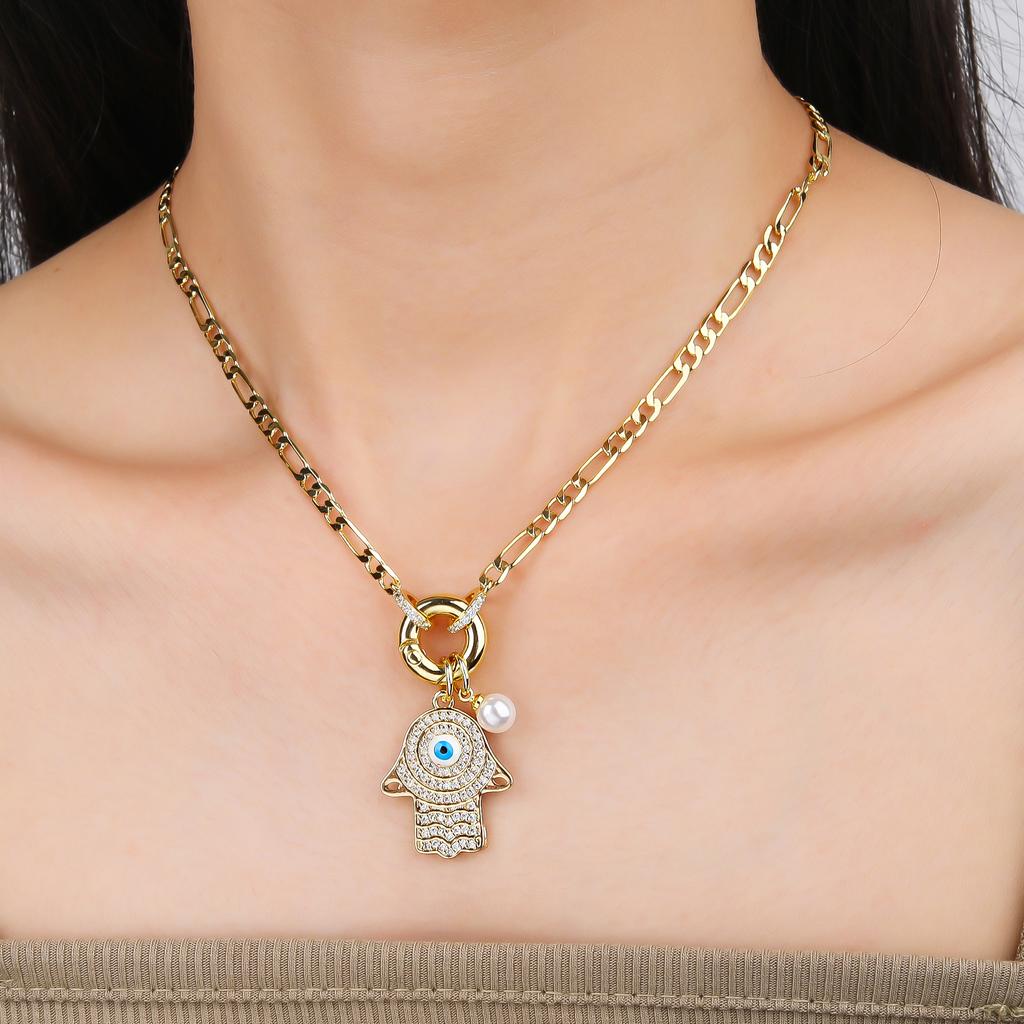 Punk Style Full Zirconiac Evil Eye Palm Pearl Pendant Necklace Luxury For Man Woman Daily Wear Clavicle Chain Jewelry Party Gift