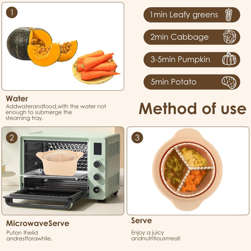 42oz Microwave Silicone Steamer 3 Compartment Microwave Pot with Handle and Lid Reusable Microwave Vegetable Steamer for Kitchen