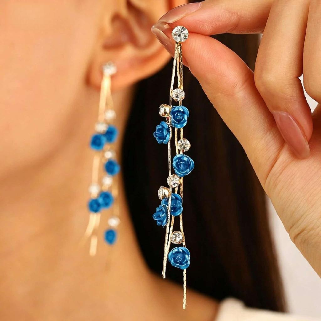Luxury Flower Diamond Tassel Long Earrings: Elegant Alloy Leaf Design