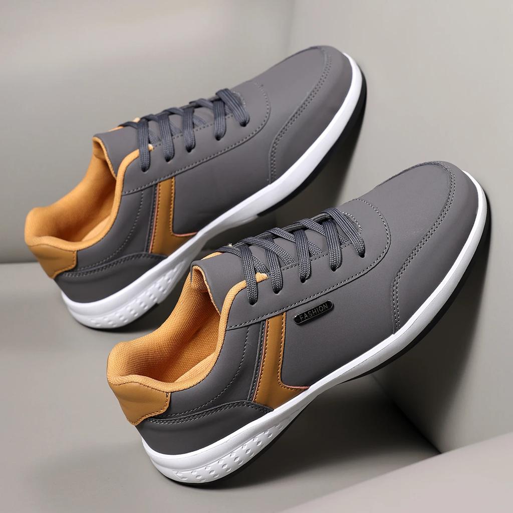 Men's Fashion Sneakers - Khaki Leather Comfortable Tennis Shoes Lace Up Large Thick Bottom Suitable for Daily Use Flat Shoes