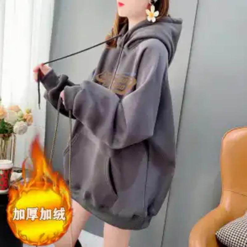 Velvet Thickened Pocket Hooded Sweatshirt for Women Autumn and Winter New Style Loose Mid-length Top and Jacket Trendy