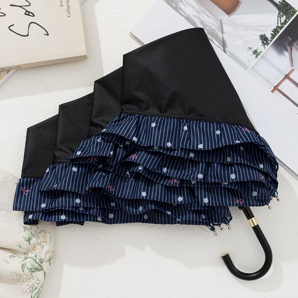 Ombrello Pieghevole con Bordi Arricciati a Pois Lolita per Donne, Rivestimento Nero Protezione Solare, Ombrello da Sole Portatile Ultra-Leggero