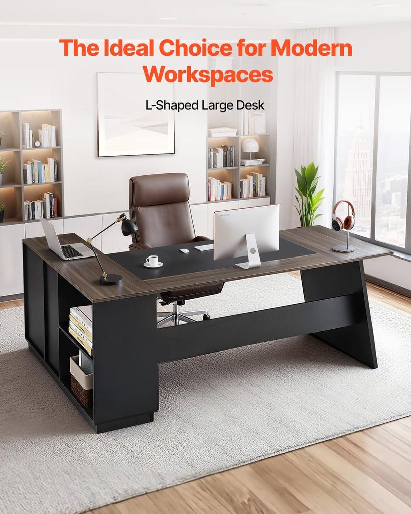 L-Shaped Executive Desk, Large Modern Office Table with Drawers and Storage Cabinet, Heavy Duty Wooden Executive Table, 158.7 KG Load Capacity, Easy