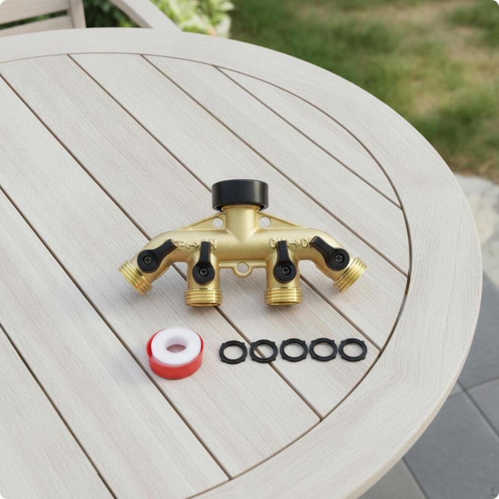 FourWay Hose Splitter Black Lever Handles FourOutlet Brass Toned